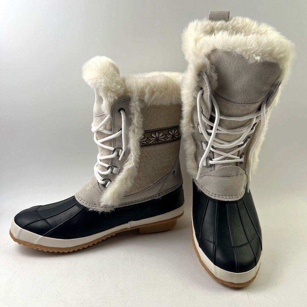 Women's Bearpaw Winter White Tess Boots Suede & Felt Upper Faux Fur Trim 8
